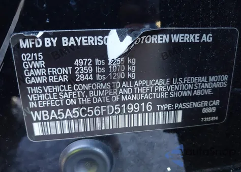 2015 BMW 528I from USA, damaged, VIN WBA5A5C56FD519916